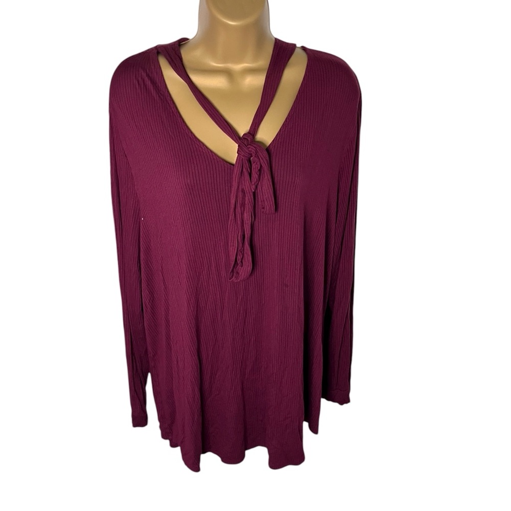 Ruff Hewn Grey Tie Front Ribbed Long Sleeve Top Stretch Burgundy 2X